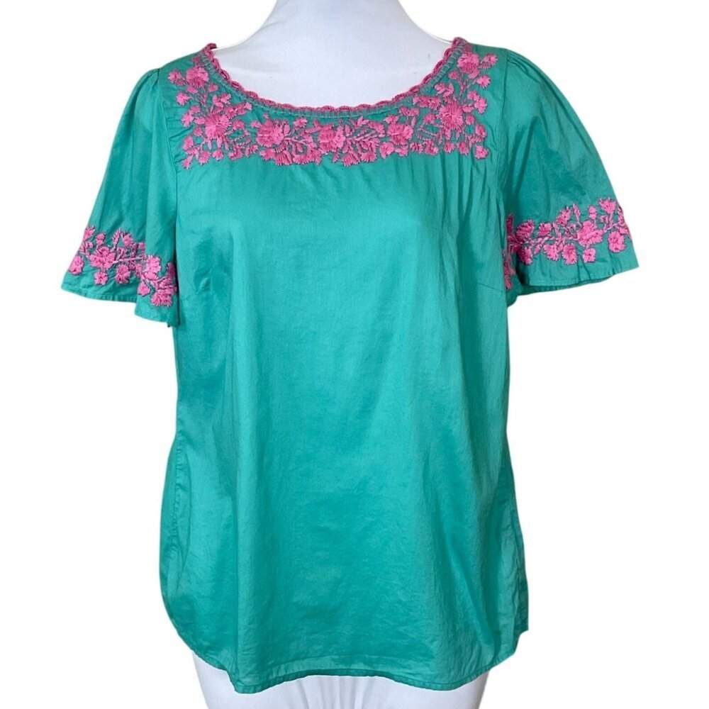 Talbots Short Flare Sleeve Aqua Green Cotton Pullover Pink Embroidery Crochet XS